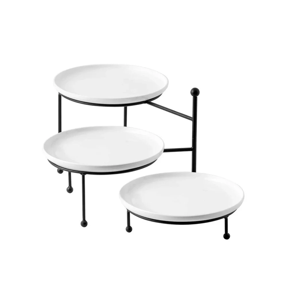 Kanwone 3 Tiered Serving Stand with White Porcelain Plates, 10 Inch,